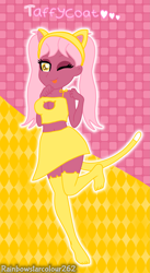 Size: 1643x2993 | Tagged: safe, artist:rainbowstarcolour262, part of a set, oc, oc only, oc:taffycoat, human, series:equ shadowcats, equestria girls, abstract background, bare shoulders, belly button, boob window, breasts, busty taffycoat, cat ears, cat tail, cleavage, clothes, crystal prep shadowbolts, eyeshadow, female, makeup, one eye closed, part of a series, pigtails, signature, skirt, sleeveless, socks, solo, stocking feet, stockings, tail, thigh highs, tongue out, twintails, upskirt denied, wink, yellow eyes
