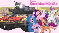 Size: 3485x1936 | Tagged: safe, artist:edy_january, edit, izzy moonbow, pipp petals, sunny starscout, zipp storm, earth pony, pegasus, pony, unicorn, g5, my little pony: tell your tale, boom, crews, gun, m60, machine gun, pink background, sheriden missile, simple background, tank (vehicle), vector used, vehicle, wallpaper, weapon, world of tanks, world of tanks blitz, xm551 sheriden