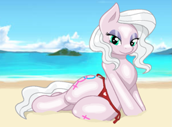 Size: 839x617 | Tagged: safe, artist:bumieay2, artist:joey darkmeat, oc, earth pony, pony, base used, beach, clop, clothes, eyeshadow, female, lidded eyes, makeup, mare, panties, sexy, side-sitting, solo, sultry pose, underwear, wikipedia