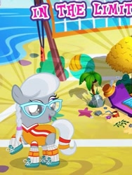 Size: 361x480 | Tagged: safe, gameloft, screencap, silver spoon, earth pony, pony, g4, my little pony: magic princess, beach, beach ball, clothes, cropped, glasses, meme, net, ocean, one-piece swimsuit, summertime silver spoon, swimsuit, text, water, wow! glimmer