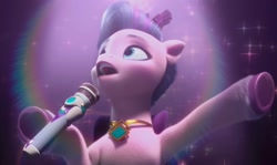 Size: 1500x896 | Tagged: safe, screencap, queen haven, pegasus, pony, g5, my little pony: make your mark, my little pony: make your mark chapter 2, portrait of a princess, spoiler:g5, female, mare, microphone, singing, solo