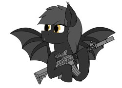 Size: 1800x1300 | Tagged: safe, artist:vanilla linli, oc, oc only, oc:kroger house, bat pony, bat wings, fangs, gun, m4a1, male, simple background, solo, transparent background, weapon, wings