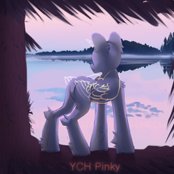 Size: 2500x2500 | Tagged: safe, artist:medkit, oc, alicorn, pony, advertisement, any gender, any race, any species, auction, auction open, butt, cloud, commission, complex background, ear fluff, english, feathered wings, fog, forest, high res, hoof fluff, horn, lake, looking at something, nature, no mane, no tail, pine tree, pink sky, plot, quadrupedal, rear view, reflection, shoulder fluff, sketch, sky, solo, standing, text, tree, water, wings, ych sketch, your character here