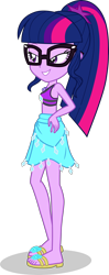 Size: 1604x4050 | Tagged: safe, artist:dustinwatsongkx, sci-twi, twilight sparkle, human, equestria girls, g4, my little pony equestria girls: better together, accessory swap, bikini, clothes, clothes swap, feet, female, geode of shielding, glasses, magical geodes, rarity's blue sarong, rarity's purple bikini, sandals, sarong, simple background, solo, swimsuit, swimsuit swap, transparent background, vector