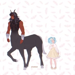 Size: 1536x1536 | Tagged: safe, artist:cryweas, cozy glow, lord tirek, centaur, human, taur, g4, abs, alternate hairstyle, bow, bracer, child, clothes, cloven hooves, dress, duo, female, grin, hair bow, humanized, jewelry, male, muscles, necklace, nose piercing, nose ring, nudity, piercing, sheath, simple background, smiling, unshorn fetlocks, white background