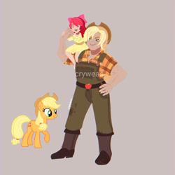 Size: 894x894 | Tagged: safe, artist:cryweas, apple bloom, applejack, human, g4, apple sisters, clothes, dress, gray background, humanized, reference used, siblings, simple background, sisters