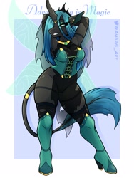Size: 1620x2160 | Tagged: safe, artist:ambris, queen chrysalis, changeling, changeling queen, anthro, plantigrade anthro, adventuring is magic, g4, arm behind head, armpits, bedroom eyes, big breasts, boots, breasts, busty queen chrysalis, clothes, corset, eye clipping through hair, female, grin, high heel boots, leonine tail, passepartout, shoes, simple background, smiling, socks, solo, tail, thigh highs, torn clothes, white background, wide hips, wings