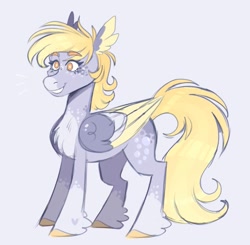 Size: 1039x1017 | Tagged: safe, artist:wanderingpegasus, derpy hooves, pegasus, pony, g4, blue background, chest fluff, colored hooves, cute, derpabetes, ear fluff, female, freckles, gray background, grin, mare, markings, redesign, simple background, smiling, solo, unshorn fetlocks