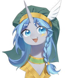 Size: 3500x4000 | Tagged: safe, artist:贝贝, oc, oc only, oc:cork, bird, pony, turkey, unicorn, braid, bust, clothes, cute, egyptian, female, gray coat, long mane, mare, open mouth, open smile, ottoman, simple background, smiling, solo, transparent background