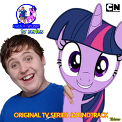 Size: 828x828 | Tagged: safe, artist:owenstevendallimore, twilight sparkle, human, pony, unicorn, g4, cartoon network logo, irl, irl human, owen and twilight tv series, photo, simple background, smiling, text, unicorn twilight, white background