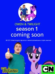 Size: 1080x1439 | Tagged: safe, artist:owenstevendallimore, twilight sparkle, pony, unicorn, g4, blue background, cartoon network logo, looking at you, owen and twilight tv series, simple background, text, thumbs up, treehouse logo, unicorn twilight