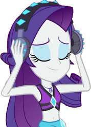 Size: 1791x2520 | Tagged: safe, edit, edited screencap, editor:homersimpson1983, screencap, rarity, human, equestria girls, equestria girls series, g4, lost and found, armpits, background removed, belly button, bikini, bikini top, clothes, eyes closed, female, geode of shielding, grin, headphones, magical geodes, midriff, not a vector, rarity's blue sarong, rarity's purple bikini, sarong, simple background, skirt, smiling, solo, swimsuit, transparent background