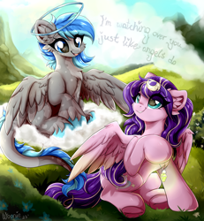 Size: 2888x3120 | Tagged: safe, artist:woonborg, oc, oc only, oc:liviana, oc:star silk, pegasus, pony, anniversary, anniversary art, cheek fluff, chest fluff, cloud, duo, ear fluff, friends, halo, high res, jewelry, long tail, nature, necklace, on a cloud, pegasus oc, sitting, sitting on a cloud, tail, unshorn fetlocks