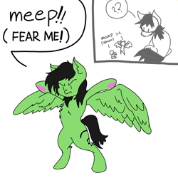 Size: 3508x3508 | Tagged: safe, artist:ponny, oc, oc:filly anon, earth pony, pegasus, pony, bipedal, chest fluff, female, filly, high res, hoof heart, meep, simple background, smol, speech bubble, spread wings, text, tiny, tiny ponies, underhoof, white background, wings