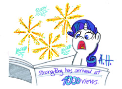 Size: 900x654 | Tagged: safe, artist:strongpony, rarity, pony, unicorn, g4, ponyville confidential, 2012, female, fireworks, i will destroy her, i'll destroy her, mare, milestone celebration, newspaper, open mouth, parody, scene interpretation, simple background, solo, surprised, white background