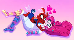 Size: 2048x1110 | Tagged: safe, artist:carouselunique, pinkie pie, human, pig, equestria girls, g4, crack shipping, crossover, crossover shipping, duo, female, gradient background, grin, happy, heart, hug, interspecies, male, marvel, shipping, size difference, smiling, spider-ham, spider-man, spider-sona, superhero