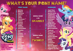 Size: 1024x720 | Tagged: safe, applejack, fluttershy, pinkie pie, rainbow dash, rarity, twilight sparkle, alicorn, pony, g4, my little pony: the movie, mane six, name game, twilight sparkle (alicorn)