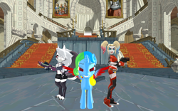 Size: 1920x1200 | Tagged: safe, artist:puzzlshield2, oc, oc:puzzle shield, alicorn, demon, hellhound, human, pony, anthro, digitigrade anthro, 3d, alicorn oc, anthro with ponies, converse, crossover, dc comics, gun, harley quinn, harley quinn (2019), hellaverse, hellborn, helluva boss, horn, loona (helluva boss), mmd, multiversus, pentagram, rifle, shoes, the legend of zelda, trio, weapon, wings