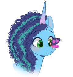 Size: 842x883 | Tagged: safe, artist:higglytownhero, misty brightdawn, butterfly, insect, pony, unicorn, g5, blushing, bust, butterfly on nose, cute, female, freckles, insect on nose, mare, mistybetes, open mouth, portrait, simple background, solo, white background