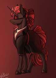 Size: 2600x3600 | Tagged: safe, artist:stardustspix, oc, oc only, oc:protege, pony, unicorn, fallout equestria, fallout equestria: murky number seven, black coat, clothes, colored eyebrows, colored eyelashes, colored pupils, fanfic art, gradient background, high res, red eyes, red mane, solo, sternocleidomastoid