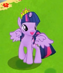 Size: 236x273 | Tagged: safe, gameloft, screencap, twilight sparkle, alicorn, pony, g4, my little pony: magic princess, 3d, cropped, crown, cute, flower, green background, happy, jewelry, looking around, regalia, simple background, smiling, solo, spread wings, twiabetes, twilight sparkle (alicorn), wings