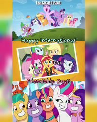 Size: 1920x2400 | Tagged: safe, edit, edited screencap, editor:itsmgh1203, screencap, applejack, fluttershy, hitch trailblazer, izzy moonbow, mcsnips-a-lot, pinkie pie, pipp petals, rainbow dash, rarity, sci-twi, spike, spike the regular dog, starlight glimmer, sunny starscout, sunset shimmer, twilight sparkle, zipp storm, alicorn, crab, dog, dragon, earth pony, human, pegasus, pony, unicorn, a home to share, equestria girls, equestria girls specials, g4, g5, my little pony equestria girls: better together, my little pony equestria girls: forgotten friendship, my little pony: tell your tale, season 5, the cutie re-mark, spoiler:g5, spoiler:my little pony: tell your tale, spoiler:tyts01e01, ^^, applejack's hat, bowtie, canterlot high, clothes, cloud, cowboy hat, crystal brighthouse, cute, cutie mark on clothes, dashabetes, diapinkes, eyes closed, female, friendship day, geode of empathy, geode of fauna, geode of shielding, geode of telekinesis, glasses, glimmerbetes, grin, hat, humane five, humane seven, humane six, jackabetes, jewelry, magical geodes, male, mane five, mane seven, mane six, mane stripe sunny, mare, necklace, one eye closed, open mouth, open smile, ponytail, raribetes, rarity peplum dress, royal sisters (g5), s5 starlight, shyabetes, siblings, sisters, sky, smiling, spikabetes, spread wings, stallion, text, twiabetes, twilight sparkle (alicorn), wings, wink