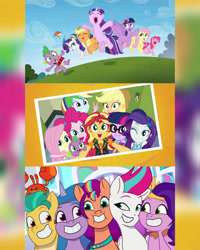 Size: 1920x2400 | Tagged: safe, alternate version, edit, edited screencap, editor:itsmgh1203, screencap, applejack, fluttershy, hitch trailblazer, izzy moonbow, mcsnips-a-lot, pinkie pie, pipp petals, rainbow dash, rarity, sci-twi, spike, spike the regular dog, starlight glimmer, sunny starscout, sunset shimmer, twilight sparkle, zipp storm, alicorn, crab, dog, dragon, earth pony, human, pegasus, pony, unicorn, a home to share, equestria girls, equestria girls series, forgotten friendship, g4, g5, my little pony: tell your tale, season 5, the cutie re-mark, spoiler:g5, spoiler:my little pony: tell your tale, spoiler:tyts01e01, ^^, applejack's hat, bowtie, canterlot high, clothes, cloud, cowboy hat, crystal brighthouse, cute, cutie mark on clothes, dashabetes, diapinkes, eyes closed, female, friendship day, geode of empathy, geode of fauna, geode of shielding, geode of telekinesis, glasses, glimmerbetes, grin, hat, humane five, humane seven, humane six, jackabetes, jewelry, magical geodes, male, mane five, mane seven, mane six, mane stripe sunny, mare, necklace, one eye closed, open mouth, open smile, ponytail, raribetes, rarity peplum dress, royal sisters (g5), s5 starlight, shyabetes, siblings, sisters, sky, smiling, spikabetes, spread wings, stallion, twiabetes, twilight sparkle (alicorn), wings, wink