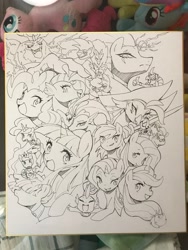 Size: 1536x2048 | Tagged: safe, artist:30clock, applejack, capper dapperpaws, captain celaeno, fluttershy, pinkie pie, princess cadance, princess celestia, princess luna, princess skystar, queen novo, rainbow dash, rarity, songbird serenade, spike, storm king, tempest shadow, twilight sparkle, alicorn, bird, cat, dragon, earth pony, parrot, pegasus, pony, seapony (g4), unicorn, anthro, g4, my little pony: the movie, applejack's hat, broken horn, cowboy hat, crown, cute, eyeshadow, female, flowing tail, grayscale, hat, horn, jewelry, lidded eyes, makeup, male, mane six, mare, monochrome, necklace, open mouth, open smile, pearl necklace, regalia, smiling, tail, traditional art, twilight sparkle (alicorn)