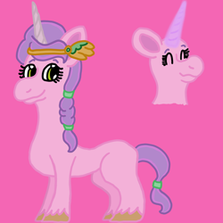 Size: 1500x1500 | Tagged: safe, artist:mintwhistle, pipp petals, pony, unicorn, g5, alternate design, braid, braided ponytail, colored hooves, crown, diadem, eyes closed, female, glowing, glowing horn, gold hooves, hairband, headband, horn, jewelry, magic, mare, medibang paint, multicolored hair, pink background, ponytail, race swap, regalia, simple background, skinny pipp, slender, smiling, solo, tail, tail band, thin, two toned mane, unicorn pipp petals, unshorn fetlocks