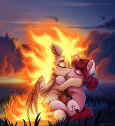 Size: 2000x2206 | Tagged: safe, artist:zeepheru_pone, daybreaker, oc, oc:rosa maledicta, alicorn, pony, unicorn, equestria at war mod, g4, blushing, canon x oc, chest fluff, cloud, duo, ear fluff, female, fire, grass, high res, horn, kiss on the lips, kissing, lesbian, mane of fire, mare, shipping, sky, sunset, unicorn oc, wings