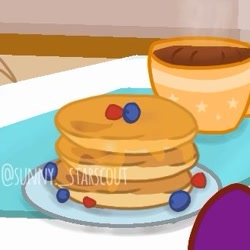 Size: 329x329 | Tagged: safe, artist:sunny._starscout, sunny starscout, earth pony, pony, g5, blueberry, breakfast, coffee, colored hooves, food, maple syrup, mug, offscreen character, pancakes, plate, raspberry (food), signature, solo