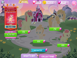 Size: 2048x1536 | Tagged: safe, gameloft, apple rose, bright mac, pear butter, earth pony, pony, g4, my little pony: magic princess, official, coin, collection, colt, costs real money, cowboy hat, english, female, filly, flower, flower in hair, foal, gem, group, hair tie, hat, male, mare, mobile game, numbers, stallion, text, timer, younger