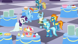 Size: 1280x720 | Tagged: safe, rainbow dash, rarity, spitfire, wind rider, g4, rarity investigates, blushing, hooves behind head