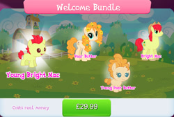 Size: 1267x858 | Tagged: safe, gameloft, bright mac, pear butter, earth pony, pony, g4, my little pony: magic princess, official, baby, baby pony, bundle, collection, colt, costs real money, cowboy hat, english, female, filly, flower, flower in hair, foal, group, hat, male, mare, mobile game, numbers, stallion, text, welcome bundle, younger