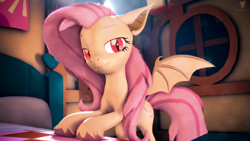 Size: 3840x2160 | Tagged: safe, artist:silkworm205, fluttershy, bat pony, pony, g4, 3d, 3d model, alternate hairstyle, bat ears, bat ponified, bat wings, bed, bedroom eyes, colored eyebrows, download at source, downloadable, fangs, floppy ears, flutterbat, high res, looking at you, race swap, red pupils, revamped ponies, solo, source filmmaker, source filmmaker resource, spread wings, unshorn fetlocks, wings