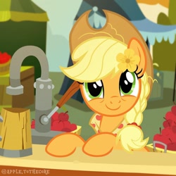 Size: 1080x1080 | Tagged: safe, artist:apple.tothecore, applejack, earth pony, pony, g4, apple, applejack's hat, bags under eyes, clothes, cowboy hat, cute, eye wrinkles, female, flower, flower in hair, food, granny smith's shawl, hat, jackabetes, looking at you, mare, mug, older, older applejack, scarf, show accurate, smiling, smiling at you, solo