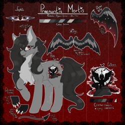 Size: 3250x3250 | Tagged: safe, artist:cresentmadness, oc, oc only, oc:praenuntia mortis, demon, demon pony, pegasus, pony, claws, colored wings, cutie mark, demon wings, devil tail, high res, looking at you, multicolored wings, reference sheet, tail, the harbinger of death, torn wings, wings