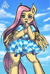 Size: 872x1280 | Tagged: safe, artist:gigisarts, fluttershy, pegasus, pony, semi-anthro, g4, arm hooves, bipedal, clothes, commission, dress, female, multiple variants, sky, solo, sundress
