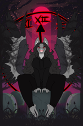 Size: 1461x2200 | Tagged: safe, artist:oddends, oc, oc:praenuntia mortis, anthro, base used, blood moon, clothes, crazy eyes, female, gravestone, latin, moon, night, spread wings, the harbinger of death, wings