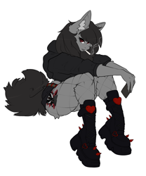 Size: 1833x2200 | Tagged: safe, artist:oddends, oc, oc only, oc:praenuntia mortis, anthro, base used, clothes, fishnet stockings, goth, gothic, hoodie, looking at you, phone, platform boots, shorts, simple background, smoke, solo, the harbinger of death, white background