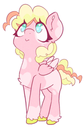 Size: 566x855 | Tagged: safe, artist:zer0wlet, oc, oc only, oc:yoghurt, pegasus, pony, ahoge, blank flank, colored, curly mane, curly tail, cute, ears up, eyelashes, female, filly, foal, heart, heart eyes, looking up, pink coat, signature, simple background, solo, spots, standing, tail, transparent background, unshorn fetlocks, wingding eyes