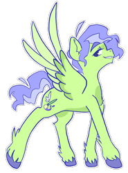 Size: 588x793 | Tagged: safe, artist:zer0wlet, oc, oc only, oc:lush palette, pegasus, pony, ahoge, colored, eyebrows, green coat, lidded eyes, looking at you, looking back, looking back at you, open mouth, ponysona, purple mane, purple tail, raised eyebrow, simple background, smiling, solo, spread wings, tail, transparent background, unshorn fetlocks, walking, wings