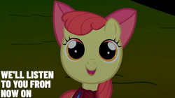 Size: 828x465 | Tagged: safe, edit, edited screencap, editor:quoterific, screencap, apple bloom, earth pony, pony, g4, season 1, stare master, adorabloom, bow, cute, female, foal, hair bow, looking at you, mare, smiling, solo