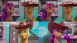 Size: 828x465 | Tagged: safe, edit, edited screencap, editor:quoterific, screencap, hitch trailblazer, sunny starscout, earth pony, pony, g5, my little pony: make your mark, my little pony: make your mark chapter 2, the cutie mark mix-up, spoiler:g5, spoiler:my little pony: make your mark, spoiler:my little pony: make your mark chapter 2, spoiler:mymc02e05, blaze (coat marking), coat markings, comic, cowboy hat, dialogue, duo, facial markings, female, fluttershy's cutie mark, hat, looking at each other, looking at someone, male, mane stripe sunny, mare, pale belly, pins, rainbow dash's cutie mark, sash, satchel, screencap comic, sheriff sunny, sheriff's badge, shipping fuel, stallion, twilight sparkle's cutie mark