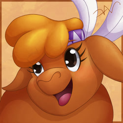 Size: 1600x1600 | Tagged: safe, artist:swasfews, little strongheart, bison, buffalo, g4, adoraheart, cute, feather, female, happy, headdress, open mouth, open smile, smiling, solo