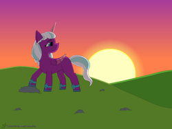 Size: 2800x2100 | Tagged: safe, artist:alejandrogmj, opaline arcana, alicorn, pony, g5, female, folded wings, grass, grass field, high res, looking away, outdoors, solo, standing, sunset, turned head, wings, younger