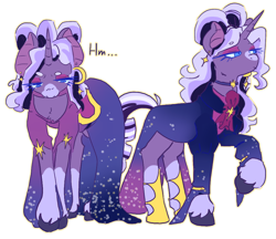 Size: 968x836 | Tagged: safe, artist:zer0wlet, oc, oc only, oc:nyx eventide, pony, unicorn, clothes, colored, dialogue, dress, ear piercing, earring, ears up, elegant, eyelashes, eyeshadow, gala dress, horn, jewelry, lidded eyes, looking at self, makeup, outfit, outfits, piercing, raised hoof, shoes, simple background, solo, standing, suit, transparent background, unshorn fetlocks