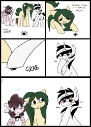 Size: 2000x2800 | Tagged: safe, artist:php193, oc, oc only, oc:myrtle remedy, oc:nutsy, oc:raevyn, earth pony, pegasus, pony, spider, unicorn, comic, dialogue, earth pony oc, eating, food, high res, horn, meat, pegasus oc, ponies eating meat, scared, simple background, unicorn oc, white background