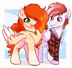 Size: 2528x2408 | Tagged: safe, artist:witchtaunter, oc, oc:amity starfall, oc:deepest apologies, pegasus, pony, chest fluff, clothes, commission, duo, duo male and female, ear fluff, female, high res, jacket, jewelry, looking at each other, looking at someone, male, mare, necklace, pegasus oc, plaid, simple background, smiling, smiling at each other, stallion
