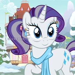 Size: 640x640 | Tagged: safe, artist:generrarity, artist:swet.sparkle, rarity, pony, unicorn, g4, the last problem, clothes, ear piercing, earring, eyeshadow, fake eyelashes, female, hearth's warming eve, jewelry, makeup, mare, older, older rarity, piercing, pine tree, ponytail, ponyville, scarf, signature, snow, solo, tree